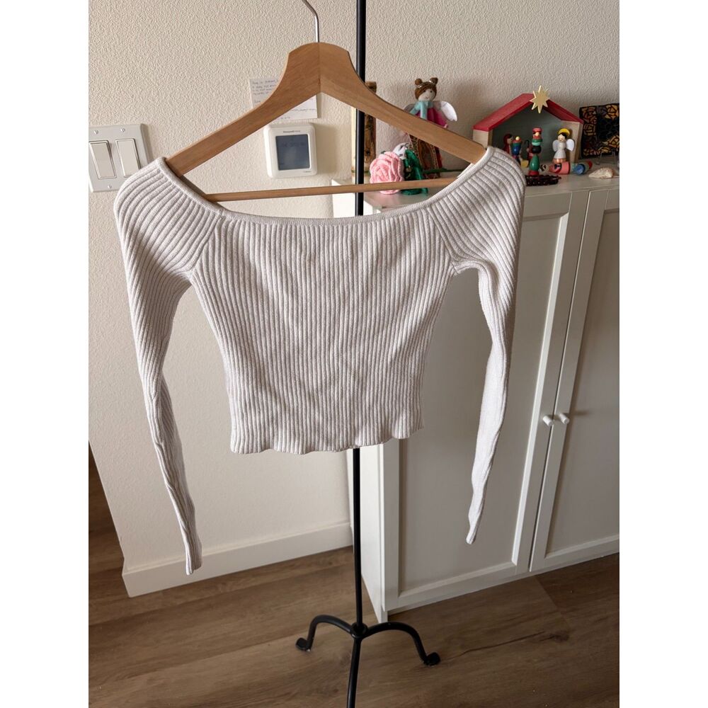 Hollister Off the Shoulder Ribbed Knit Long Sleeve Top Cream White XS